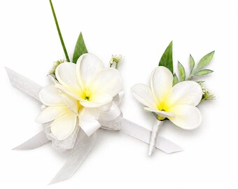 Real Touch Plumeria Corsage and Boutonniere Set: Wedding Floral Accessories