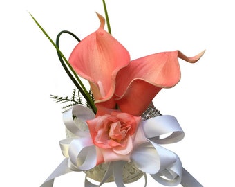 Wrist Corsage - Coral Calla Lily with Greenery *Pick Ribbon Color*