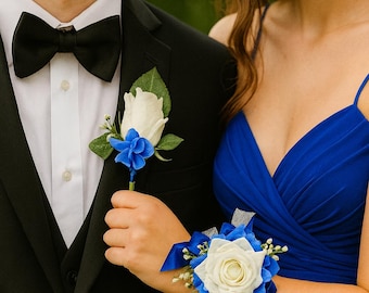 Real Touch Rose Handgelenk Corsage & Boutonniere - Königsblau