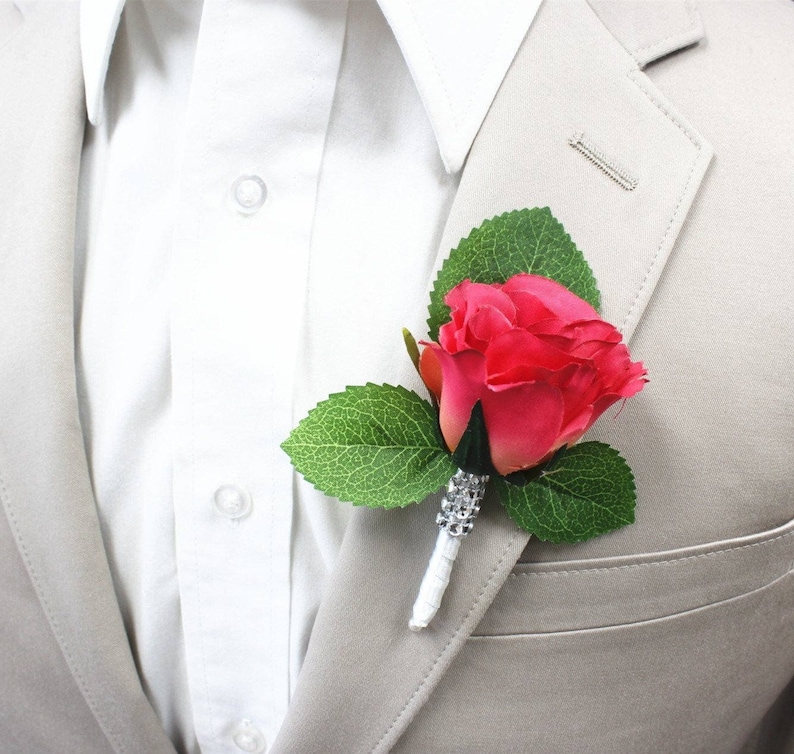 Boutonnière-Belle fleur artificielle de souvenir de bouton de rose fabriquée à la main-Votre choix de couleurs de ruban et de rose Épingle incluse image 2