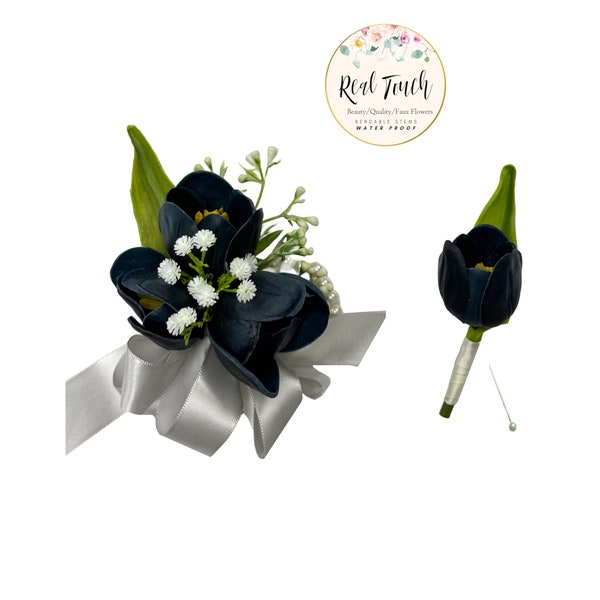 Boutonnière élégante fausse tulipe au toucher authentique Corsage - Résistant à l'eau - Alliance pour bal de promo