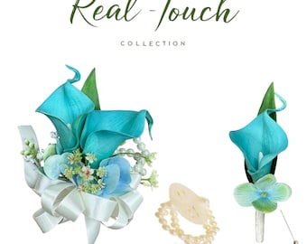 Boutonnière pour corsage de qualité supérieure, doux au toucher, lys calla bleu spa, hortensias, mariage de plage, événements de bal de finissants