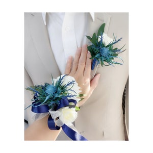Set Wrist Corsage and Boutonniere-cream rose blue thistle-Pick ribbon color prom homecoming wedding flower silk faux