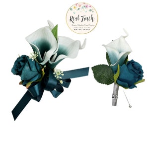 Corsage Boutonniere-Real touch Artificial Picasso Teal wedding groom groomsmen prom graduation flower