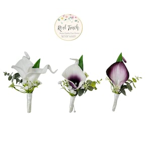 Elegante künstliche Calla-Boutonniere mit Schleierkraut und Eukalyptus-Akzenten - Hochzeit Abschlussball-formales Veranstaltungszubehör