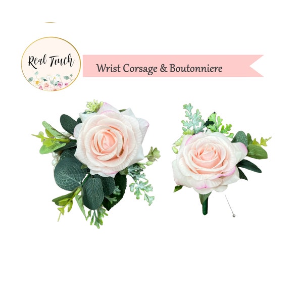 Set of 2-Real Touch Wrist Corsage Boutonniere-Soft Pink rose