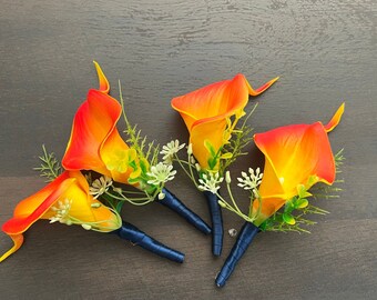 Keepsake artificial real touch calla lily bouquet corsage boutonniere Persimmon Tangerine Orange