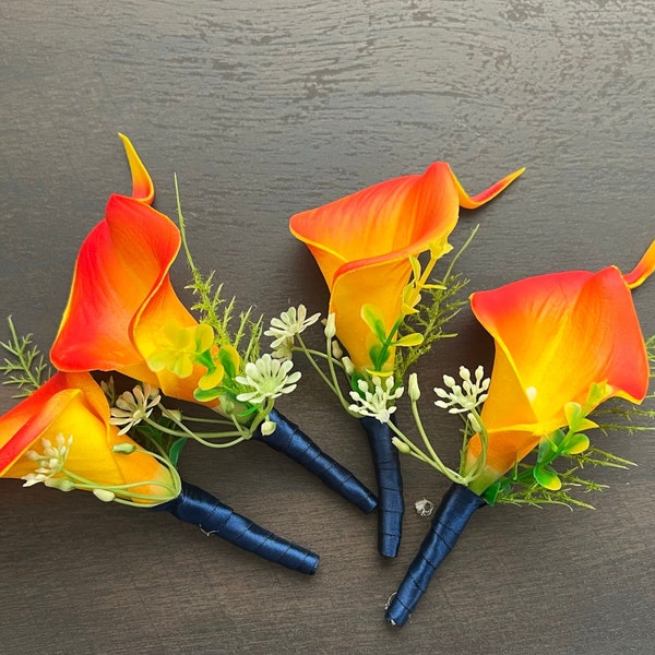 Keepsake artificial real touch calla lily bouquet corsage boutonniere Persimmon Tangerine Orange