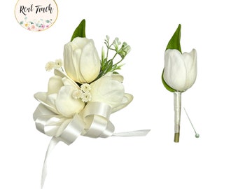 Wrist Corsage-Boutonniere- Real Touch Lifelike faux Tulip-baby's breath-Perfect for Weddings and Formal Occasions