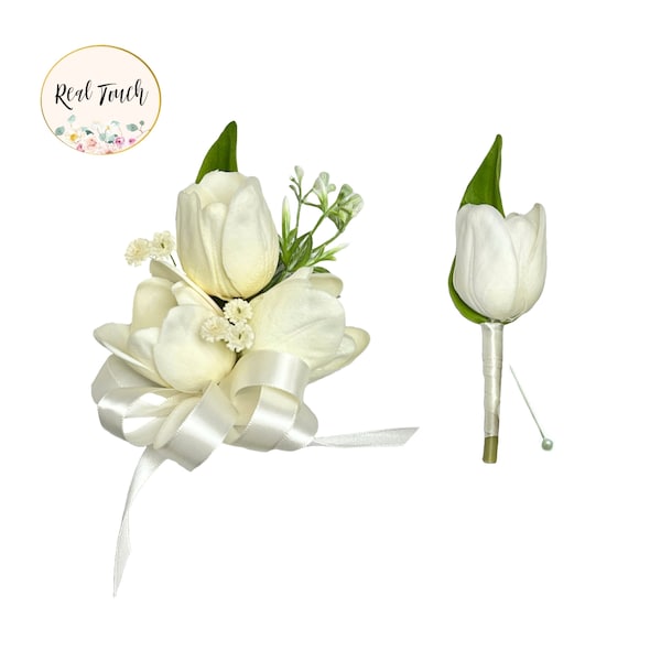 Wrist Corsage-Boutonniere- Real Touch Lifelike faux Tulip-baby's breath-Perfect for Weddings and Formal Occasions