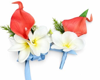 Real Touch Calla Lily & Plumeria Corsage and Boutonniere Set – Wedding, Prom, or Homecoming Flowers