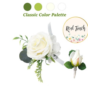 Passendes Set-Handgelenk Corsage Boutonniere-Real Touch ready to use-Rose Hortensie grün Eukalyptus Bandfarbe wählen