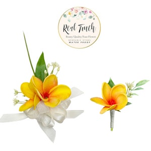 Set f 2: Real Touch Plumeria Wrist Corsage and Boutonniere– Lifelike Floral Accessories for Weddings and Proms PICK FLOWRE COLORS