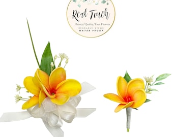 Real Touch Plumeria Corsage and Boutonniere Set: Wedding Floral Accessories