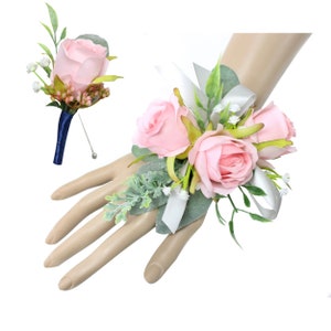 2pc Set -Wrist Corsage Boutonniere Soft Pink Pick ribbon color