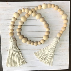 Farmhouse Natural Wood Bead Garland with Beige Macrame tassels. Tiered Tray Decor. Boho Decor.  Coffee Table Decor.
