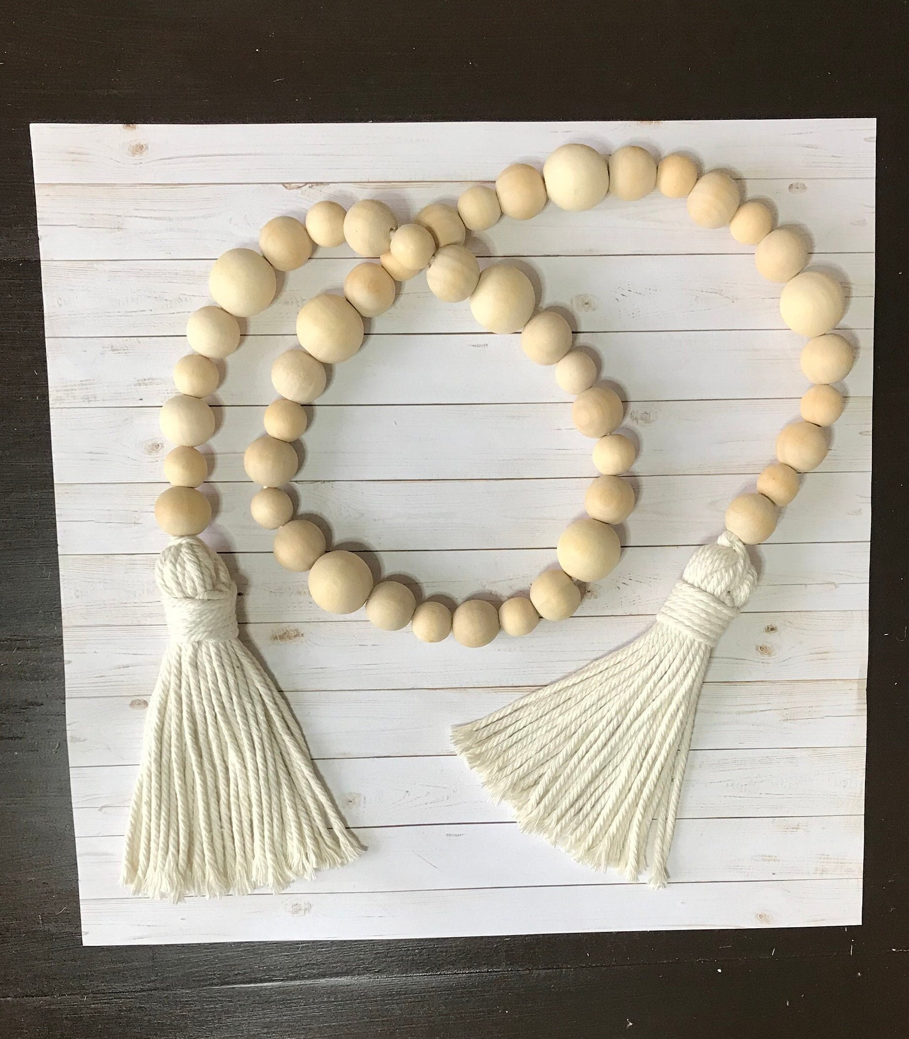 Farmhouse Natural Wood Bead Garland With Beige Macrame Tassels