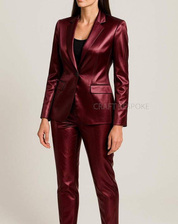 Traje de satén color granate oscuro para mujer, traje de oficina
