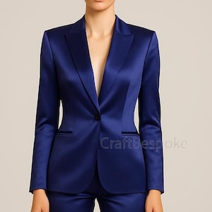 Indigo Blue Satin Formal Pants Suit with Single Breasted Blazer and Straight Pants High Waist, Formal Satin Office Suit, Bridal Wedding Suit