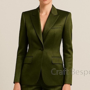 Women Dark Olive Green Satin Suit, Women Office Suit, Two Piece Pantsuit, Elegant Formal Suit, Stylish Wedding Bridesmaids, Prom Night Suit.