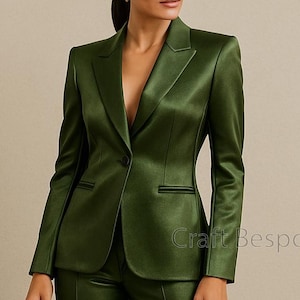 Women Olive Green Satin Suit, Women’s Office Suit, Two Piece Pantsuit, Elegant Formal Suit, Stylish Wedding Bridesmaids, Prom Night Suit.