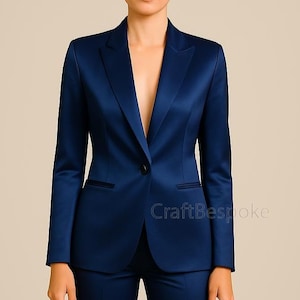 Women Navy Blue Satin Suit, Women’s Office Suit, Slim Fit Pantsuit, Elegant Formal Suit, Stylish Wedding Bridesmaids, Custom Wedding Suit.