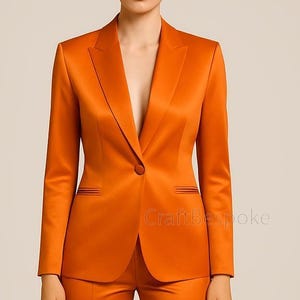 Women Orange 2-Piece Suit, Classic Tailored Blazer, High Waist Narrow Pantsuit, Formal Satin Suit, Wedding Suit, Custom Wedding Suit.