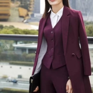 women three piece with long blazer in wine color/wine color /two piece suit/top/Women's suit/Women's Suit Set/Wedding Suit.