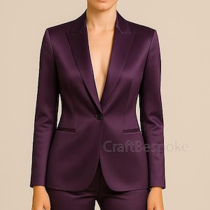 Dark Purple Classic Satin Two Piece Women Suit, Formal Tailored Blazer, Slim Fit Pantsuit, Business Suit, Office Suit, Custom Suit.