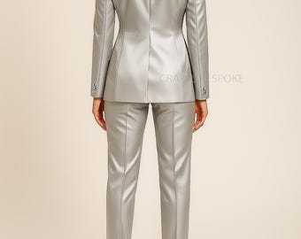 silver ladies dress suits Shiny Silver Sequins Women's Suit Evening Party Prom Wedding Tuxedos Blazer  Pant