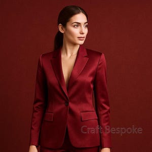 Women Dark Maroon Satin Suit, Women’s Office Suit, Two Piece Pantsuit, Elegant Formal Suit, Stylish Wedding Bridesmaids, Prom Night Suit.