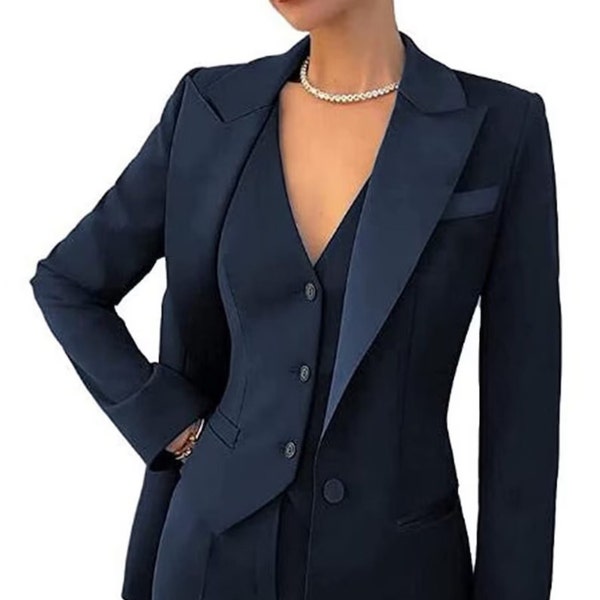 women three piece suit in satin in blue color/blue color/two piece suit/top/Women's suit/Women's Suit Set/Wedding Suit.