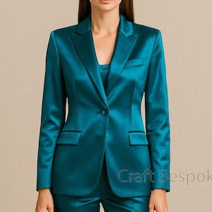 Women Peacock Blue Satin Suit, Women’s Office Suit, Two Piece Pantsuit, Elegant Formal Suit, Stylish Wedding Bridesmaids, Prom Night Suit.