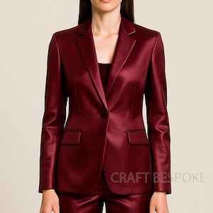 Women Burgundy Satin Suit, Women’s Office Suit, Two Piece Pantsuit, Stylish Wedding Bridesmaids, Prom Night Suit, Elegant Formal Suit.