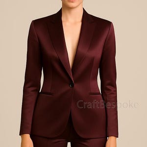 Wine Satin Two Piece Women Suit, Formal Tailored Blazer, Slim Fit Pantsuit, Business Suit, Office Suit, Custom Suit, Women Summer Suit.