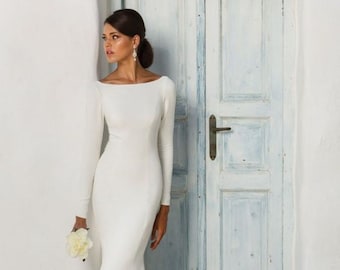 Tarek A Simple Long Sleeve Crepe Sheath Wedding Dress WED2B, 50% OFF