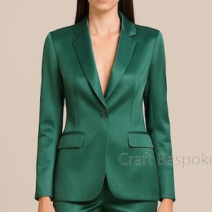Women Pine Green Satin Suit, Women’s Office Suit, Two Piece Pantsuit, Elegant Formal Suit, Stylish Wedding Bridesmaids Suit, Custom Suit.
