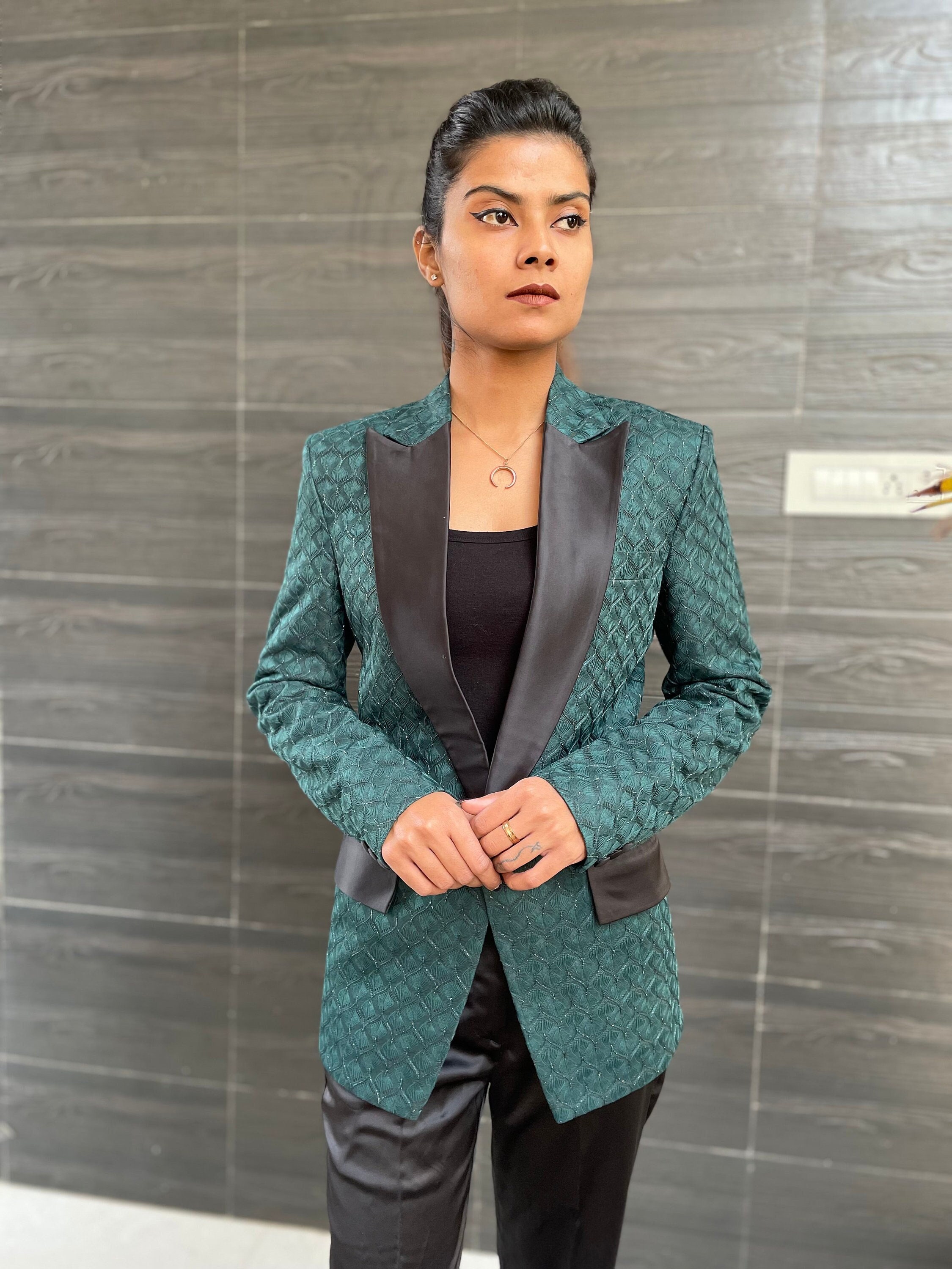 Women 2pc Green Pant Suit Custom Single Breasted Premium Cotton