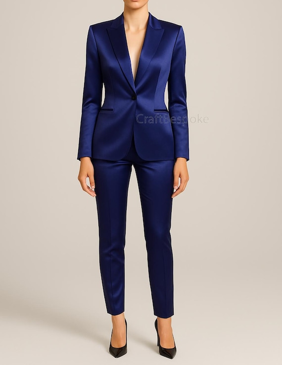 Indigo Blue Satin Formal Pants Suit With Single Breasted Blazer