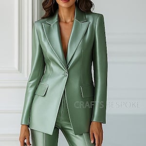 Women Sage Green Satin Two Piece Suit, Sage Green Formal Pantsuit, Classic Formal Suit, Prom Night Suit, Ceremony Suit, Bridal Wedding Suit.