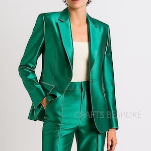 Women Rama Green Satin Two Piece Suit, Green Formal Pantsuit, Classic Formal Suit, Prom Night Suit, Ceremony Suit, Bridal Green Wedding Suit