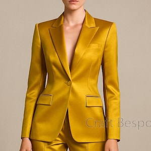 Women Mustard Satin Suit, Office Suit, Two Piece Pantsuit, Classic Formal Suit, Stylish Wedding Bridesmaids, Prom Night Suit, Ceremony Suit.