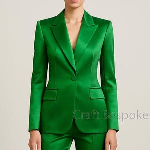 Women Parrot Green Satin Suit, Women’s Office Suit, Two Piece Pantsuit, Elegant Formal Suit, Stylish Wedding Bridesmaids Suit, Custom Suit.