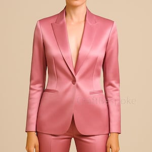 Women Pink 2-Piece Suit, Classic Tailored Blazer, High Waist Narrow Pantsuit, Formal Satin Suit, Wedding Suit, Custom Wedding Suit.