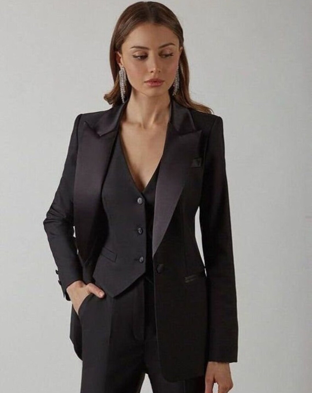 Women Three Piece Suit With Satin Lapel in Black Color/black Color /two Piece Suit/top/women's