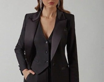 women three piece suit with satin lapel in black color/black color /two piece suit/top/Women's suit/Women's Suit Set/Wedding Suit.