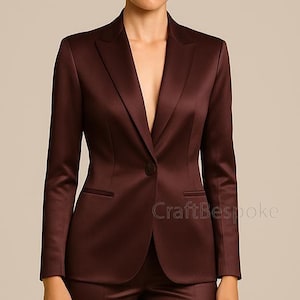 Chocolate Brown 2-Piece Suit, Classic Tailored Blazer, High Waist Narrow Pantsuit, Formal Satin Suit, Wedding Suit, Custom Wedding Suit.