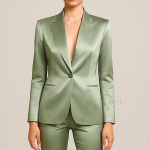Women Sage Green Satin Two Piece Suit, Sage Green Formal Pantsuit, Classic Formal Suit, Prom Night Suit, Ceremony Suit, Bridal Wedding Suit.