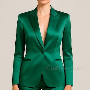 Women Emerald Green Satin Two Piece Suit, Tailored Blazer & Straight Trousers, Sleek Bold Suit, Luxury Satin Suit, Brides Suit, Formal Suit.
