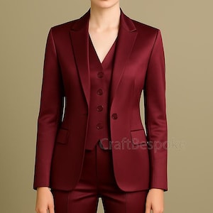 Burgundy Womens Satin Blazer Suit, Office Women 3 piece Suit with Slim Fit Pants, Prom Dinner Suit, Narrow Outfit, Custom Wedding Suit.